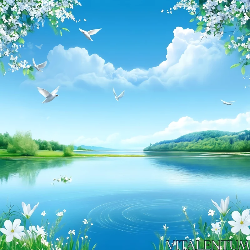 Peaceful Lake with Birds and Blooming Flowers AI Image