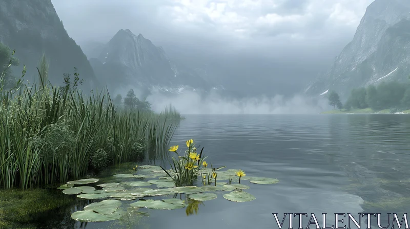 Serene Misty Lake with Blooming Lilies AI Image