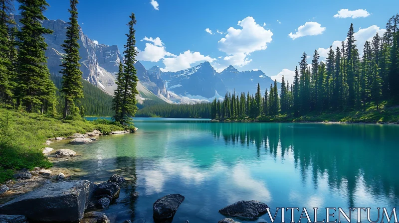 Majestic Mountain Lake Surrounded by Evergreens and Mountains AI Image