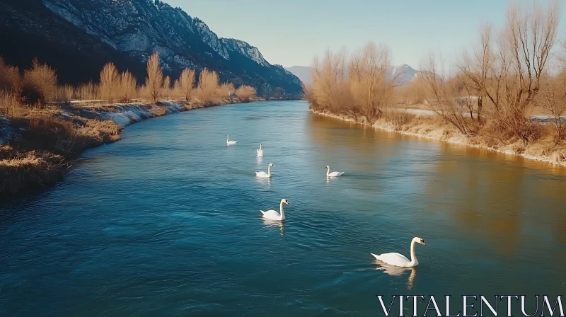 Tranquil River with Gliding Swans and Majestic Mountains AI Image