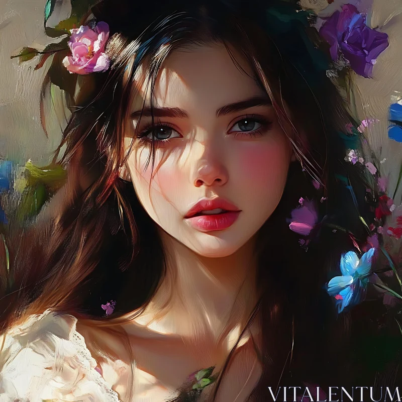 Painting of a Woman with Floral Accents AI Image