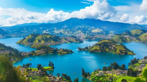 Majestic Lake Among Green Hills and Mountains