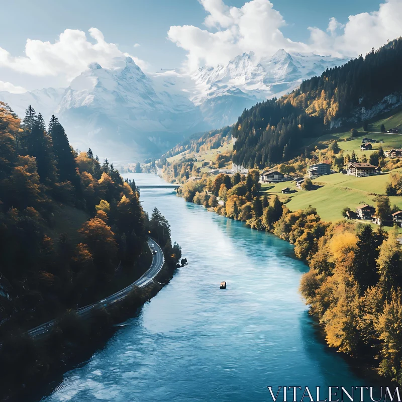 Autumn Valley with River and Snow-Capped Mountains AI Image