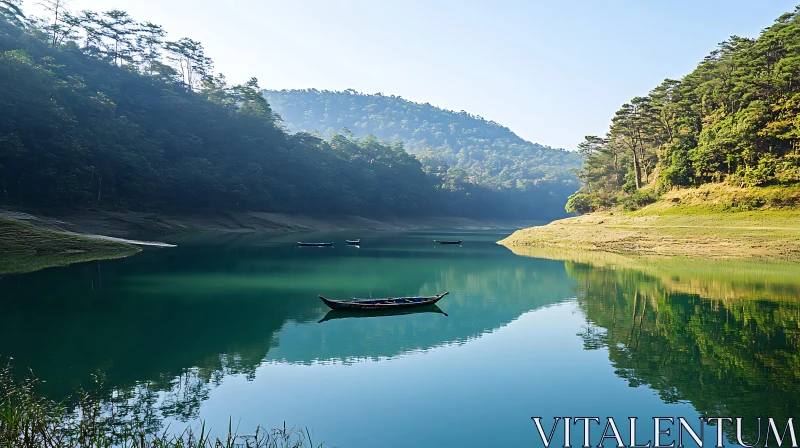 Tranquil Lake Scene with Forest and Boats AI Image