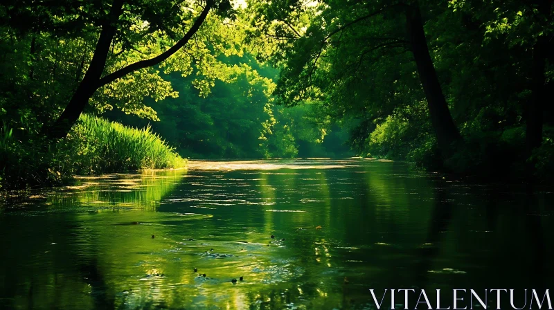 Peaceful River Flowing Through a Sunlit Forest AI Image