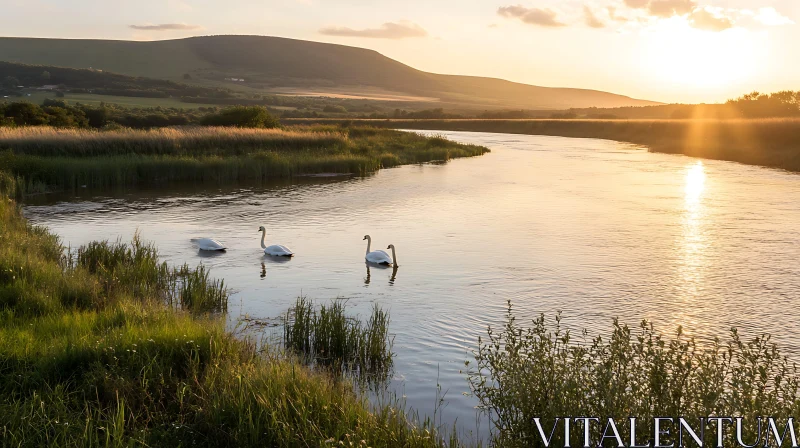 Peaceful Sunset River Landscape with Swans AI Image