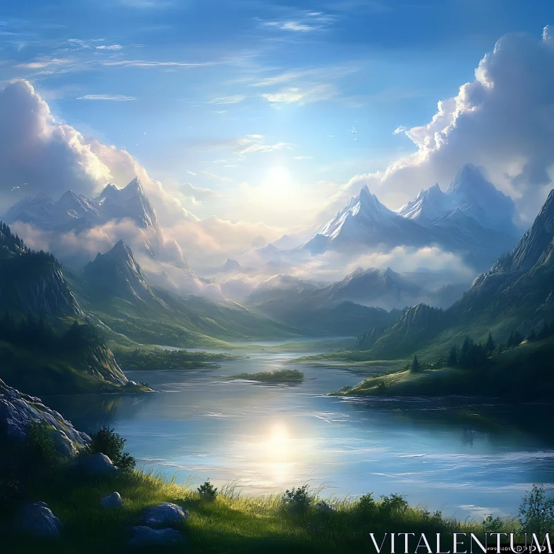 AI ART Sunlit Mountain Valley with Reflective Lake