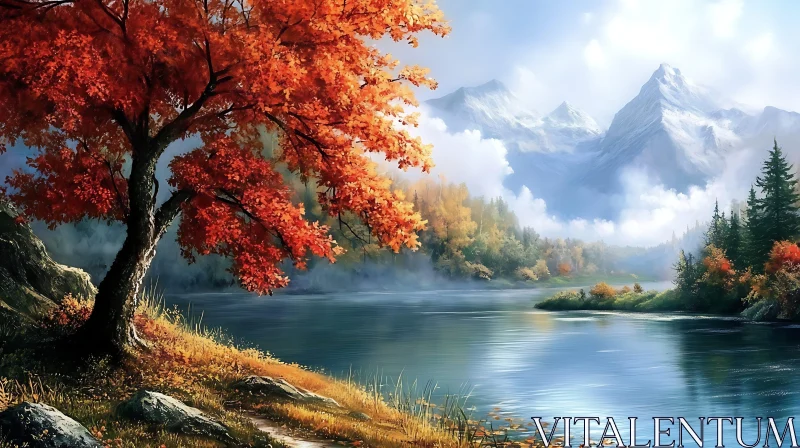 Tranquil Lake with Autumnal Foliage and Majestic Mountains AI Image