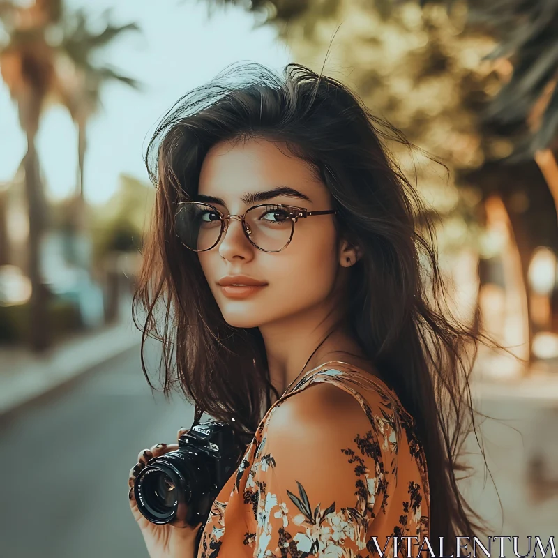 Outdoor Portrait of a Woman with Glasses and Camera AI Image