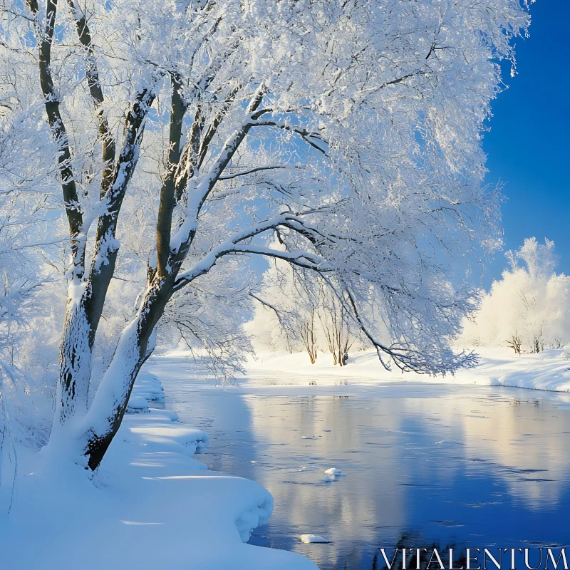 Peaceful Winter Scene with Snow-Laden Trees and Calm River AI Image