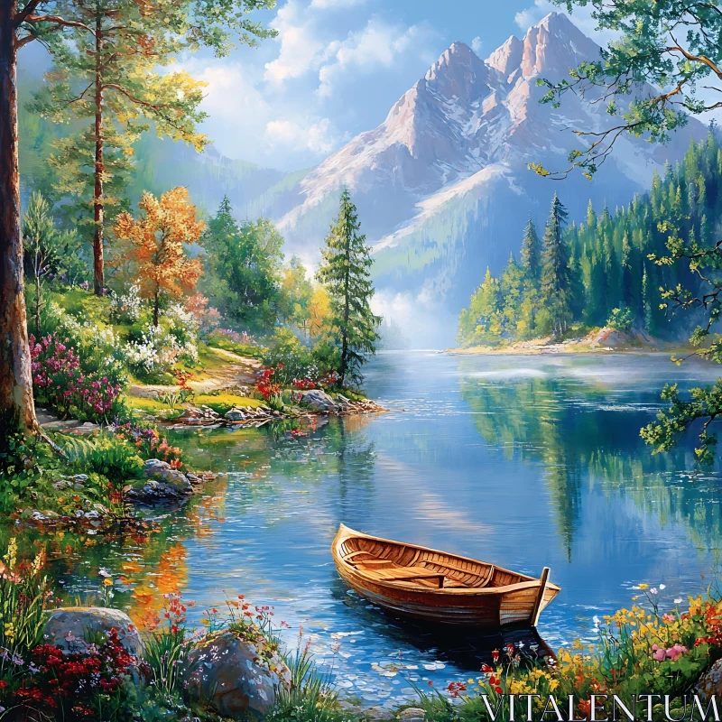 AI ART Peaceful Mountain Lake with Wooden Boat and Flowers