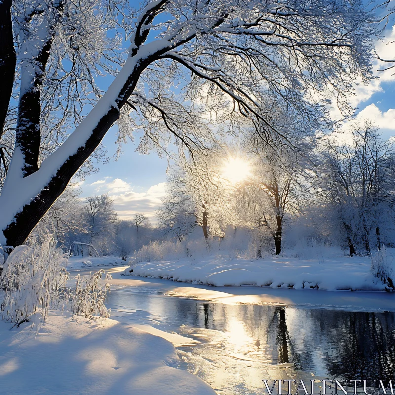 Winter Wonderland: Sunlit River with Frosty Trees AI Image