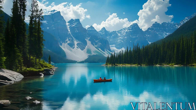 Peaceful Mountain Lake with Reflective Waters and Canoe AI Image