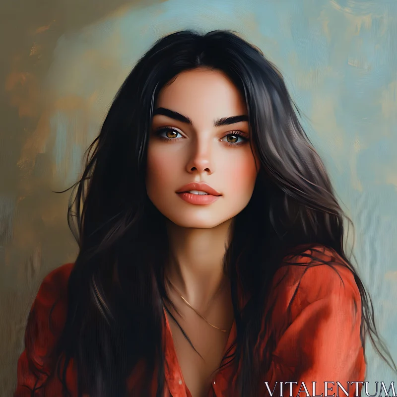 Digital Painting of Elegant Woman in Red AI Image