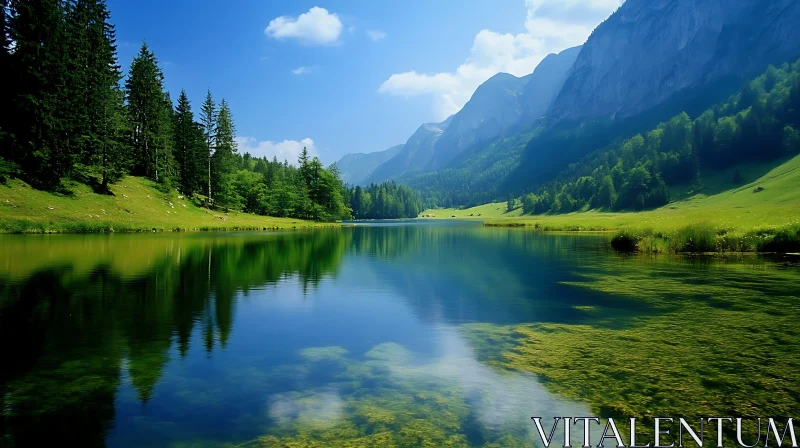 Calm Waters Reflecting Greenery and Peaks AI Image