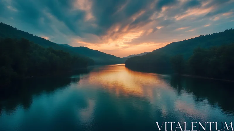 Twilight Reflections Over a Calm Lake AI Image