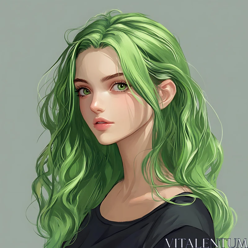 Digital Woman Portrait with Green Hair AI Image