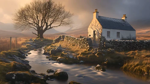 Sunlit Stone Cottage by a Babbling Stream