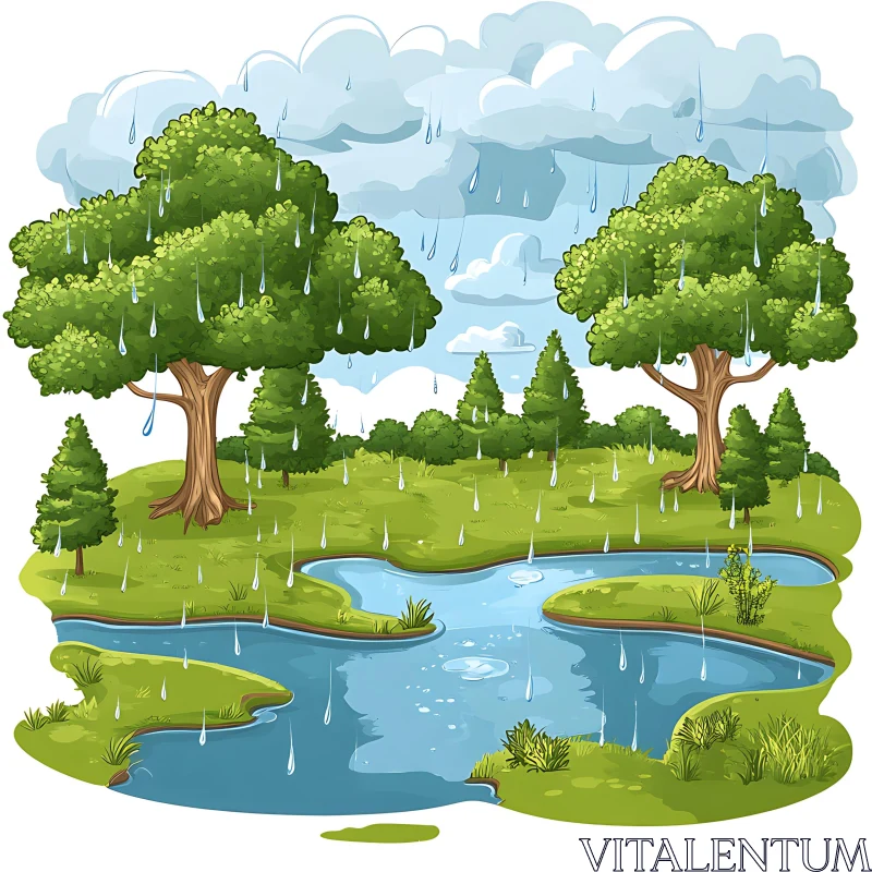 Peaceful Rain Shower Over a Serene Pond and Trees AI Image