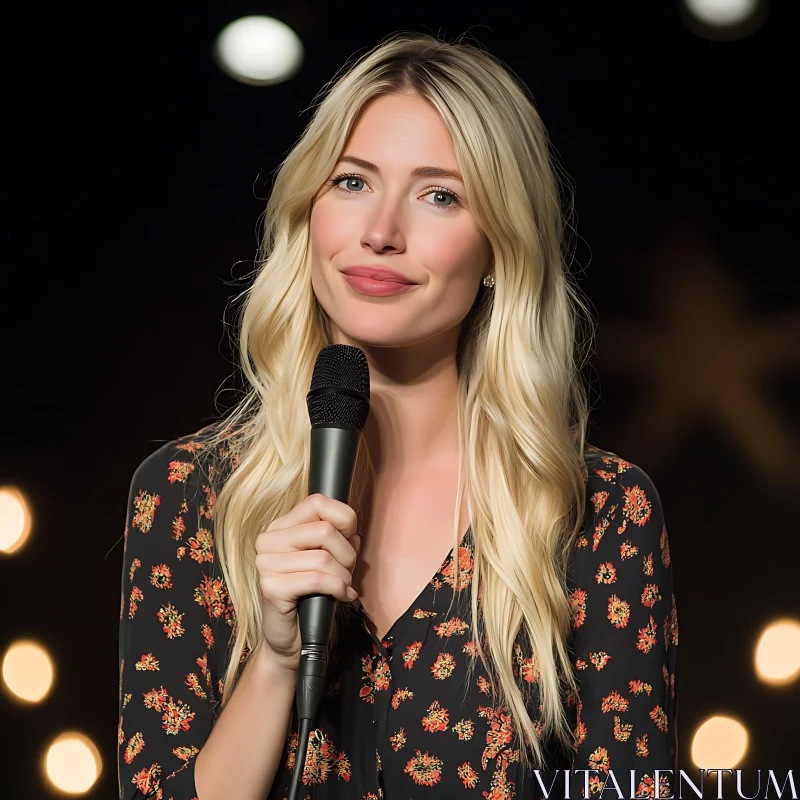 AI ART Blonde Woman in Floral Dress with Microphone