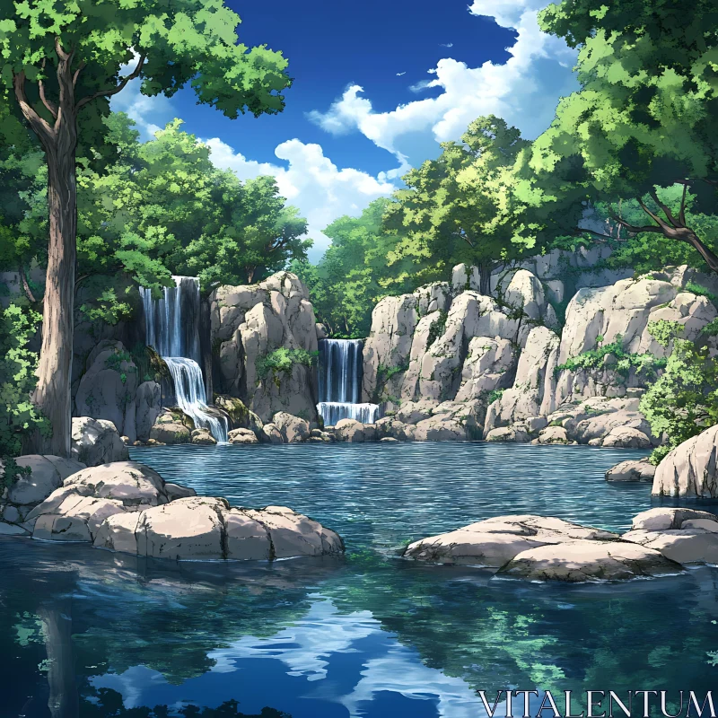 Peaceful Nature Scene with Waterfall and Vegetation AI Image