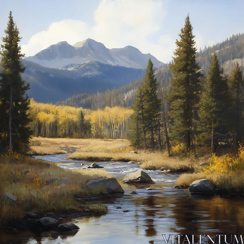 Peaceful Autumn River Scene with Mountain Backdrop AI Image