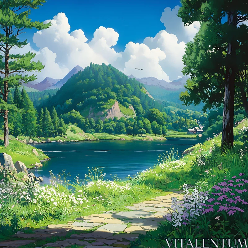 Tranquil Mountain View with Lake and Path AI Image