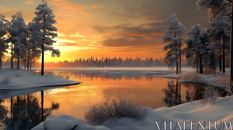 Tranquil Winter Scene With Reflective Lake AI Image