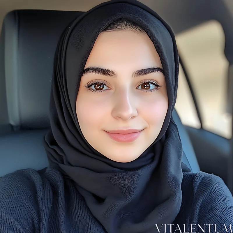 Smiling Woman with Black Hijab Close-Up AI Image