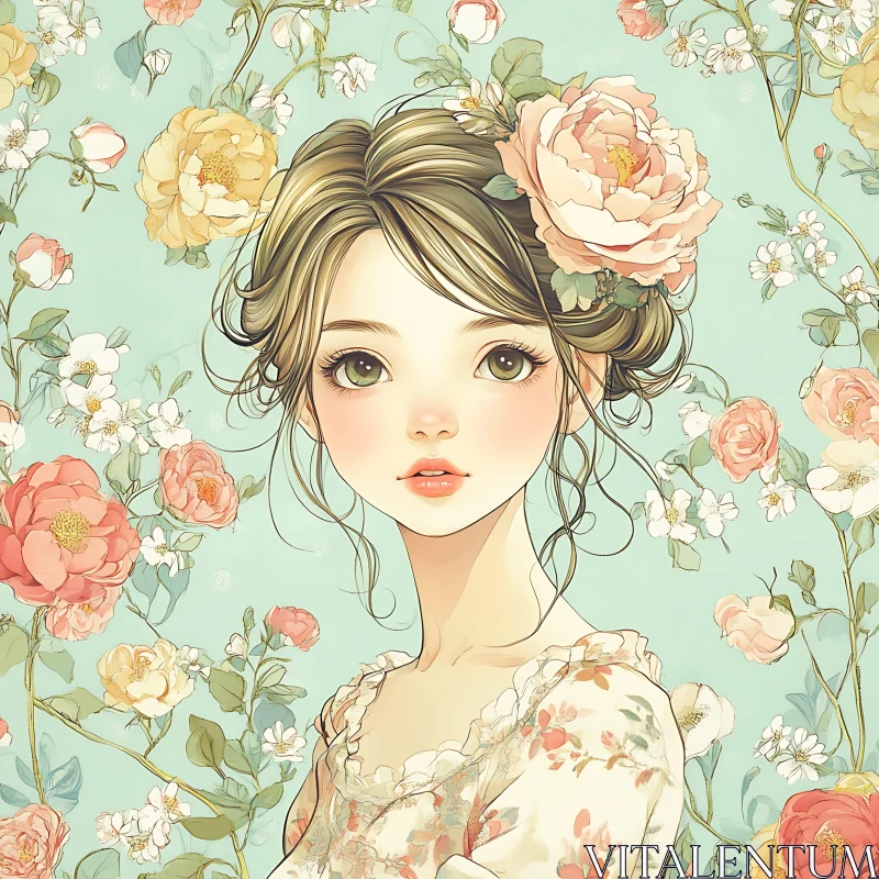 Anime Girl with Floral Accents AI Image