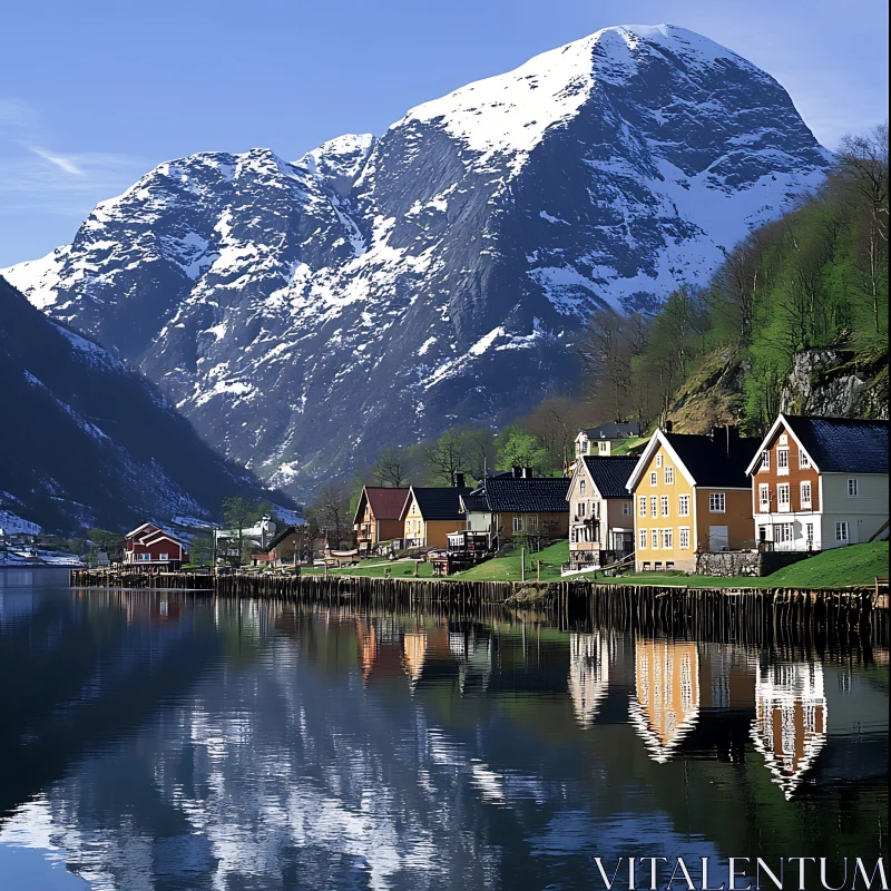 Serene Lakeside Scene with Mountain and Village Reflections AI Image