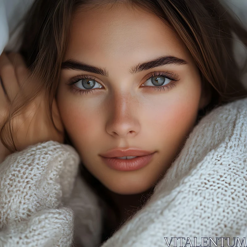 Serene Woman Wrapped in a Knit Sweater AI Image