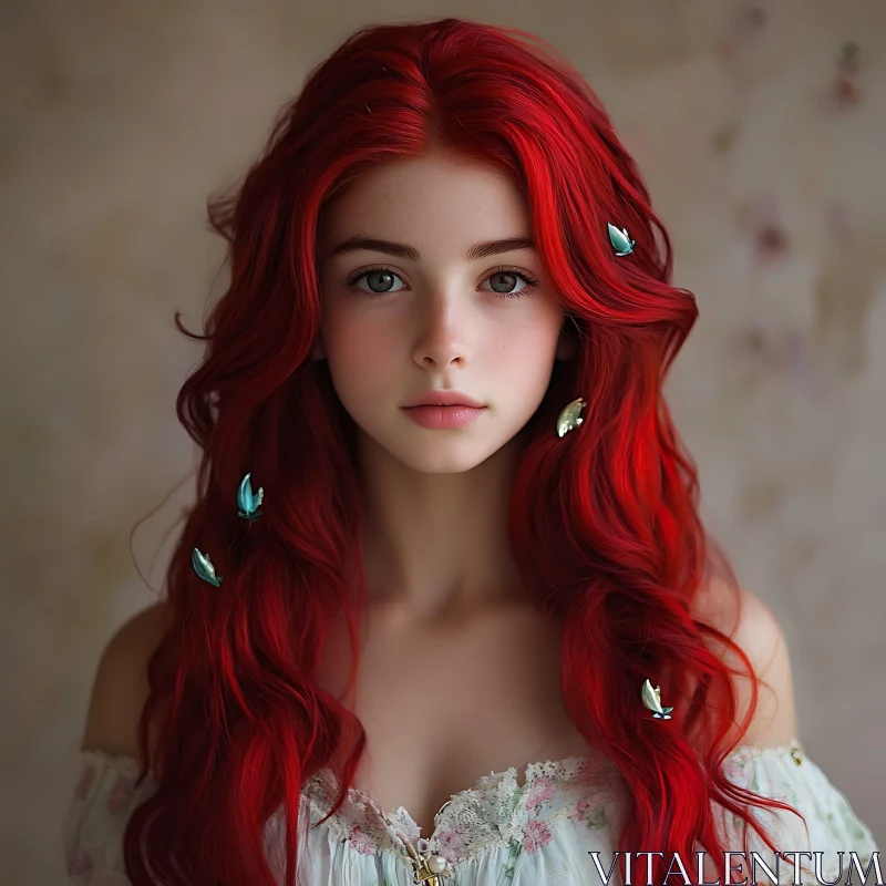 AI ART Delicate Young Woman with Red Hair and Freckles