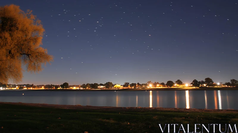 Calm Night at the Lake with Star Reflections AI Image