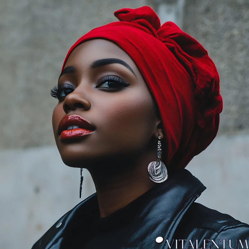 Confident Woman in Fashionable Red Headwrap AI Image