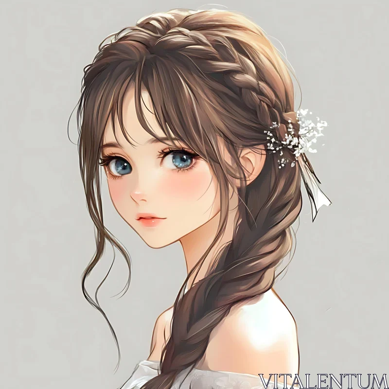 Anime Girl with Braided Hair and Flowers AI Image