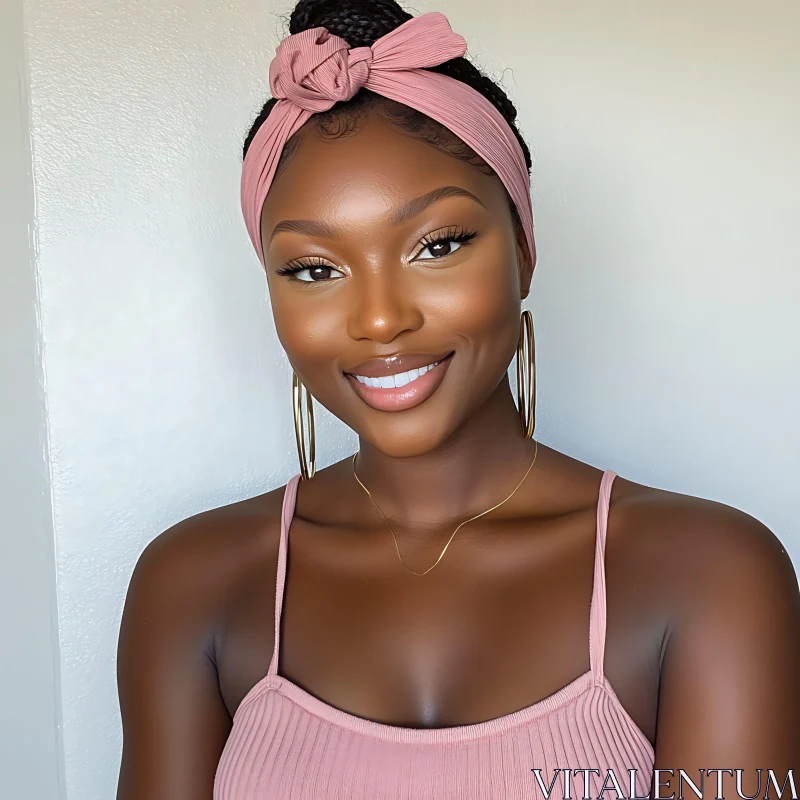 Smiling Woman in Pink Headscarf and Tank Top AI Image