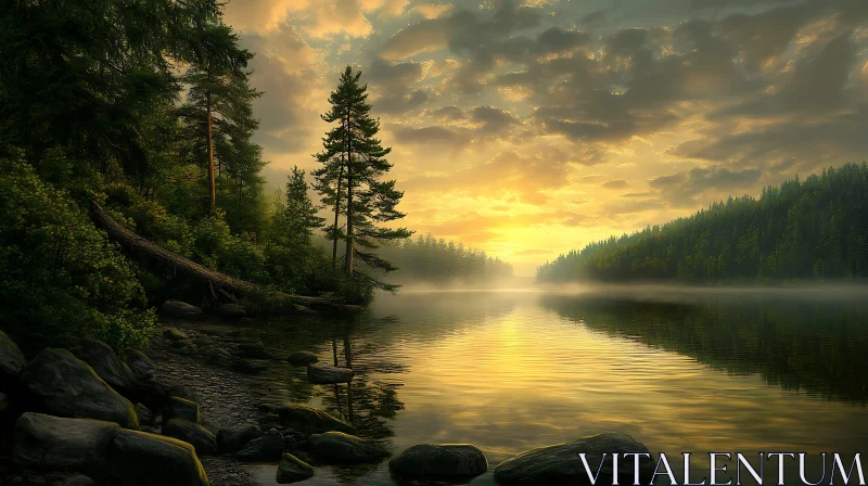 Misty Lake Sunset Amidst Forest AI Image