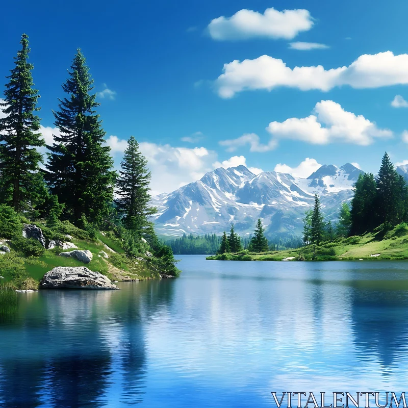 Majestic Mountain and Lake Scenery with Pine Trees and Clear Blue Sky AI Image