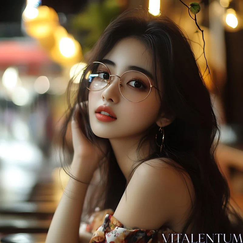 Softly Lit Portrait with Round Glasses and Blurred Lights AI Image