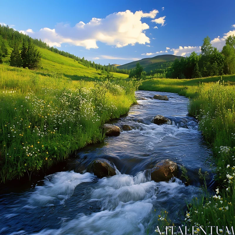 Picturesque River in a Verdant Meadow AI Image