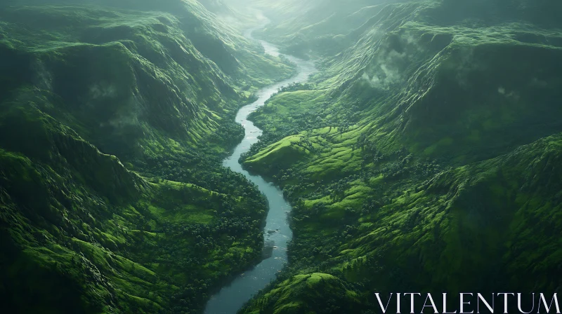 River Through Lush Valley Landscape AI Image