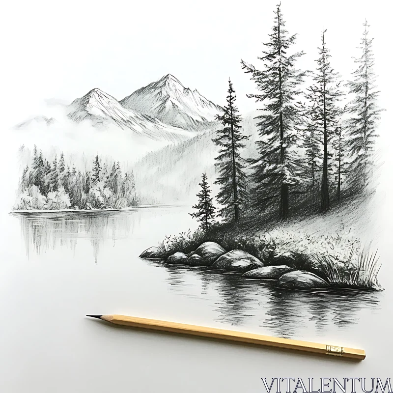 AI ART Tranquil Lake and Mountains Hand-Drawn Scene