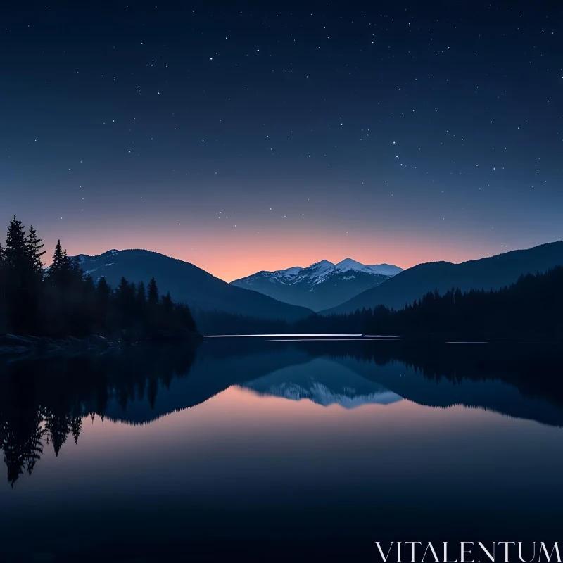 Tranquil Lake at Dusk Reflecting Mountains AI Image