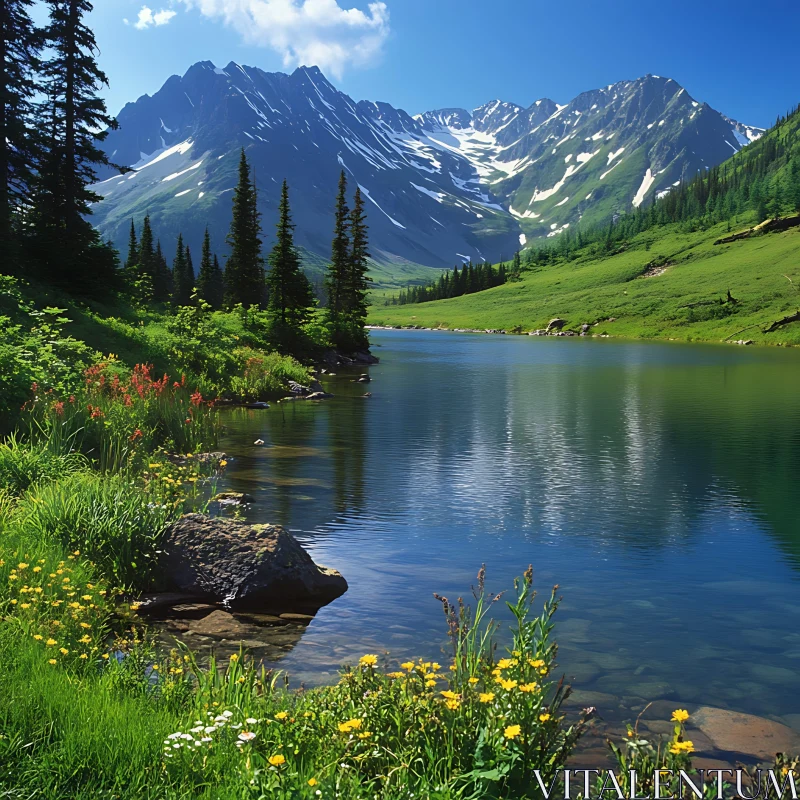 AI ART Tranquil Mountain Lake Surrounded by Wildflowers