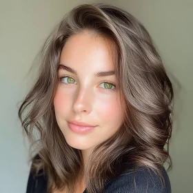 Wavy Brown Hair and Green-Eyed Woman Portrait