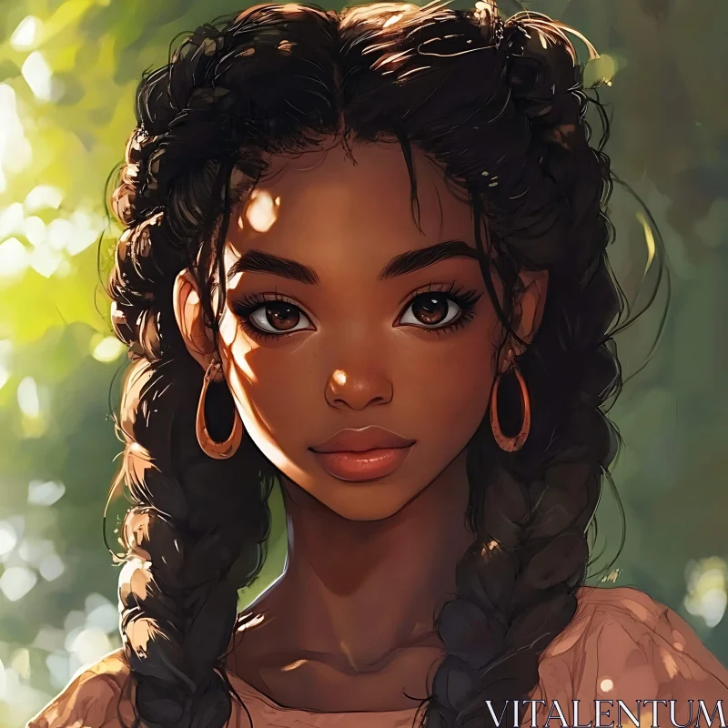 Braided Hair Woman in Forest Sunlight AI Image