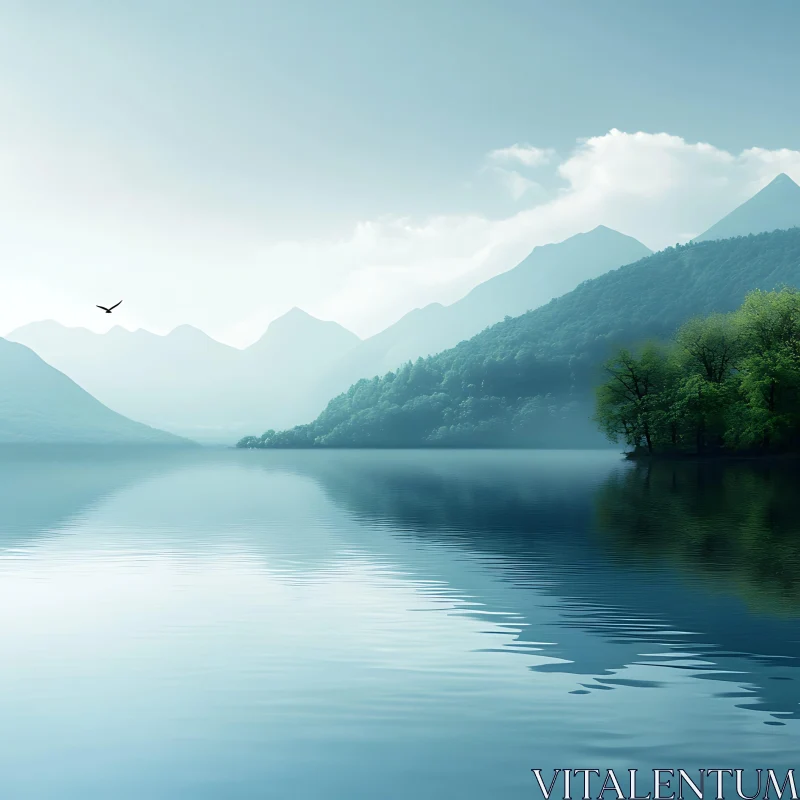 Tranquil Lake with Soaring Bird AI Image