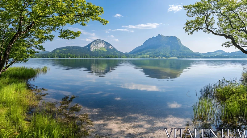 Enchanting Lakeside with Mountain and Tree Reflection AI Image