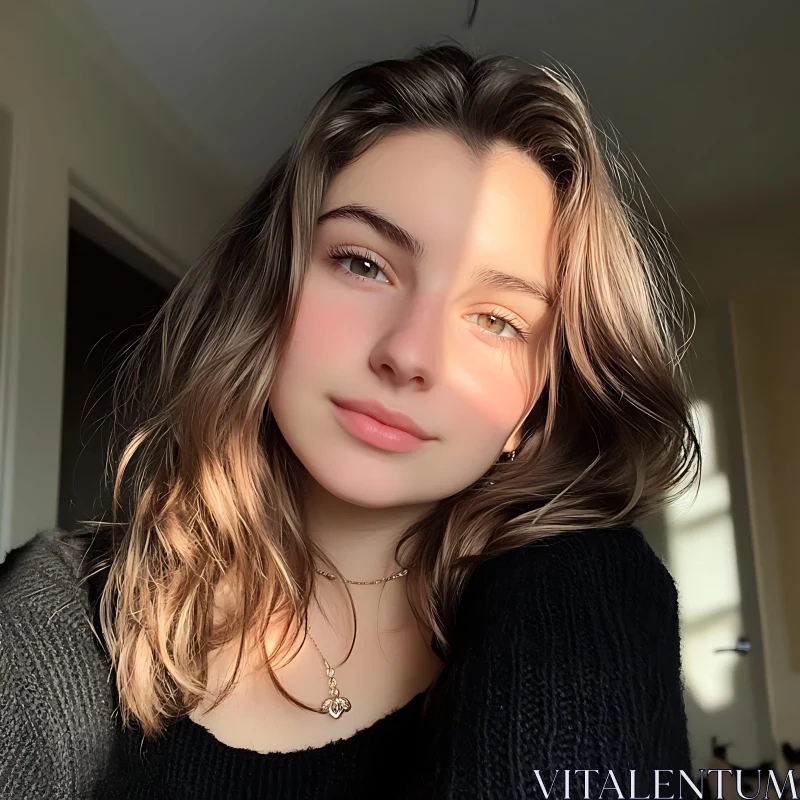 Sunlit Young Woman Portrait AI Image